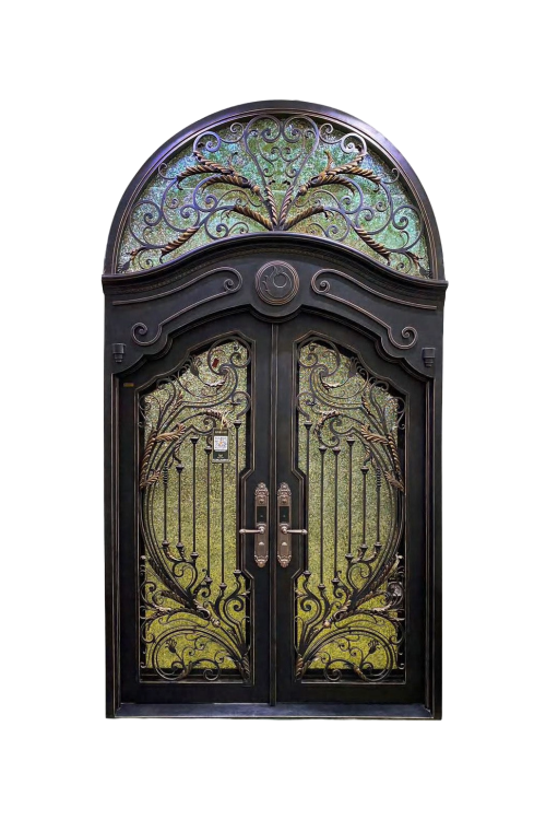 Gilded Plume Arched Iron Door – Botanical Iron Design with Luminous Finish