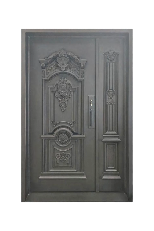 Monarch’s Gate single iron door with regal scrollwork and classic black finish