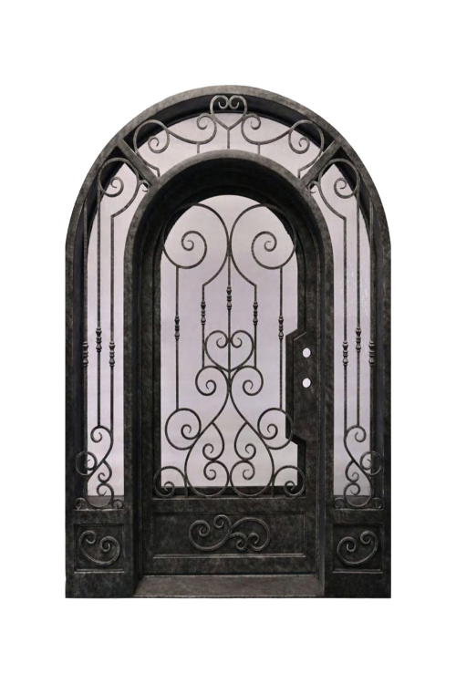 Imperial Garden single iron door with detailed floral motifs and classic black finish