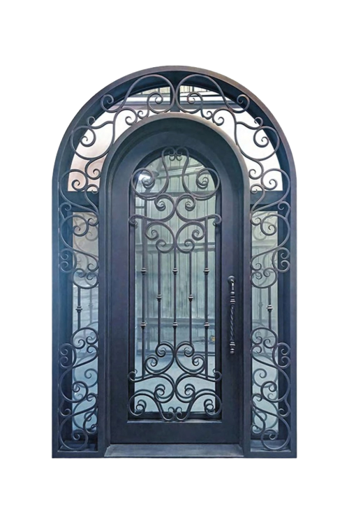 Granada Arabesque wrought iron front door with symmetrical floral scrollwork and black finish